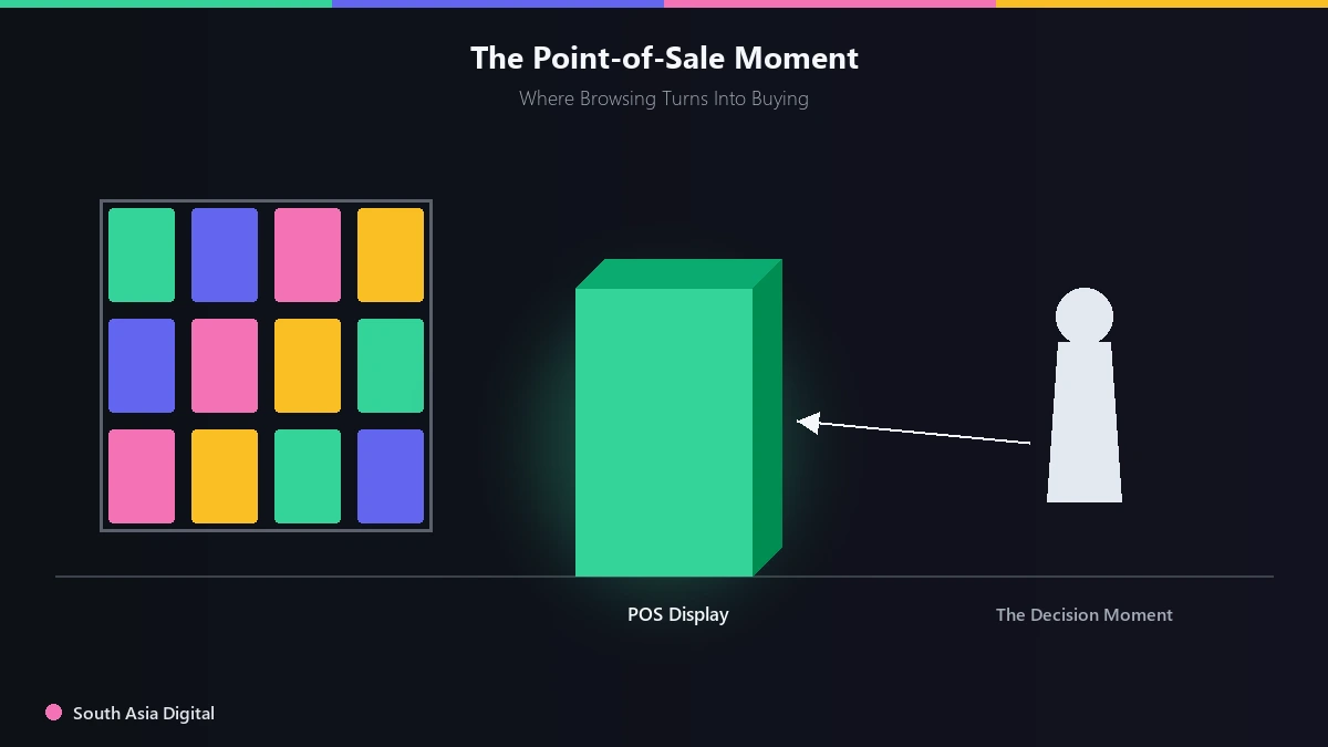 Illustration of the point-of-sale moment: a shopper approaching a retail display near a shelf
