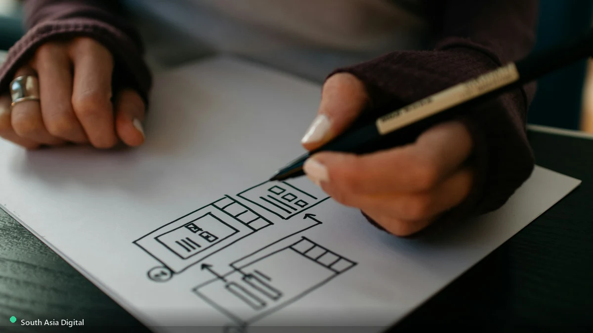 Designer sketching a website wireframe by hand, representative of Sydney website design agency planning