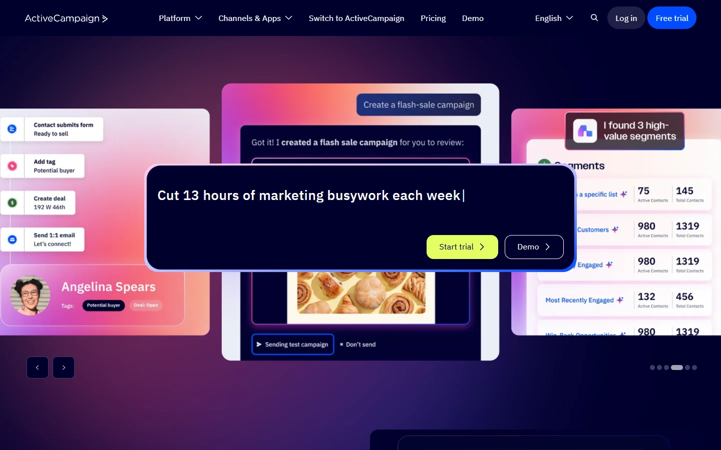 ActiveCampaign ActiveCampaign website showing automation and customer segmentation interface
