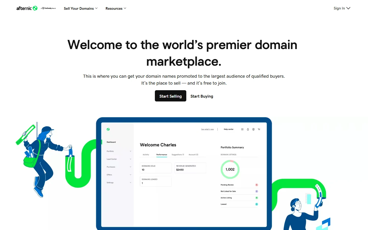 Screenshot of Afternic's domain marketplace homepage
