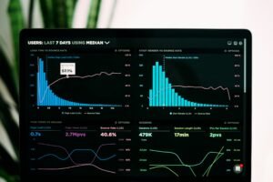 A laptop screen displaying a performance analytics dashboard with multiple charts and metrics, representing AI visibility tracking software