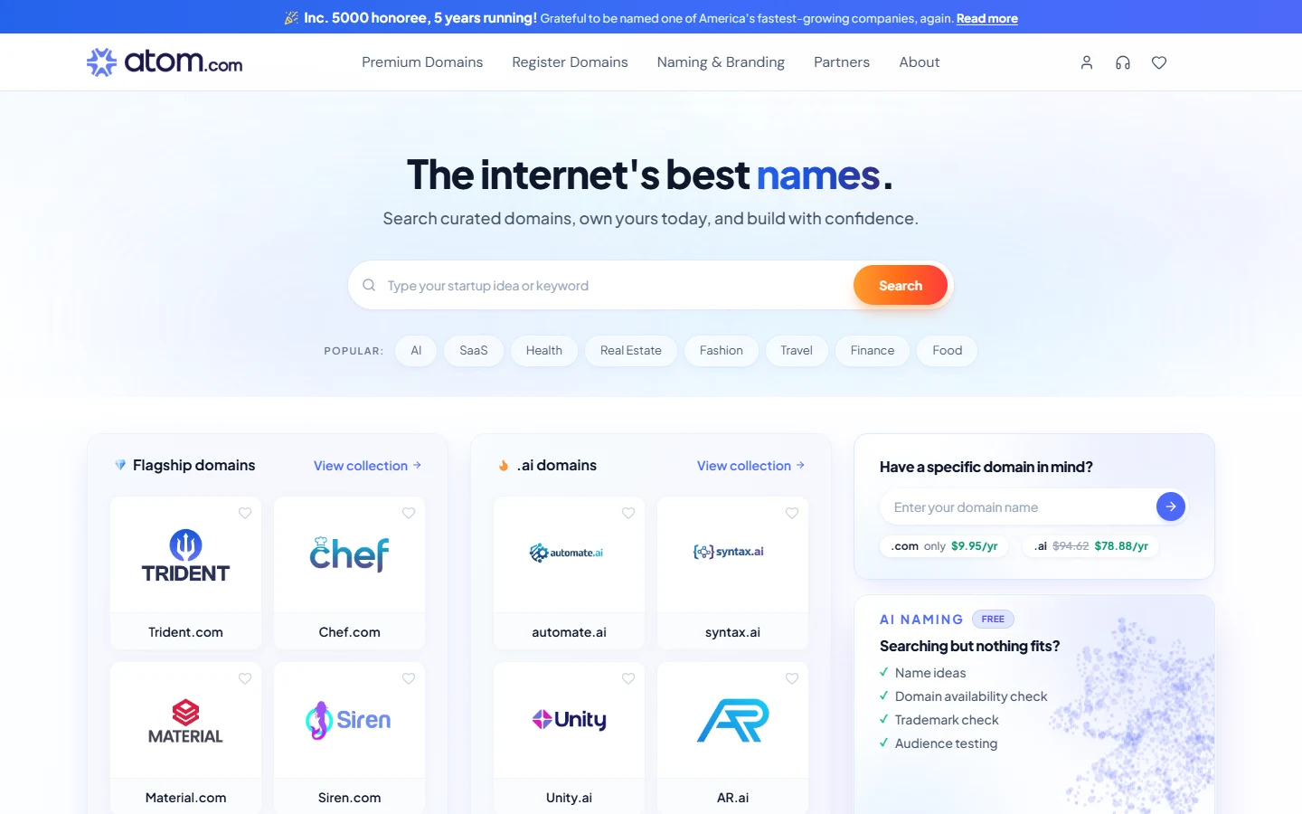 Screenshot of Atom.com's (formerly Squadhelp) brandable domain marketplace homepage