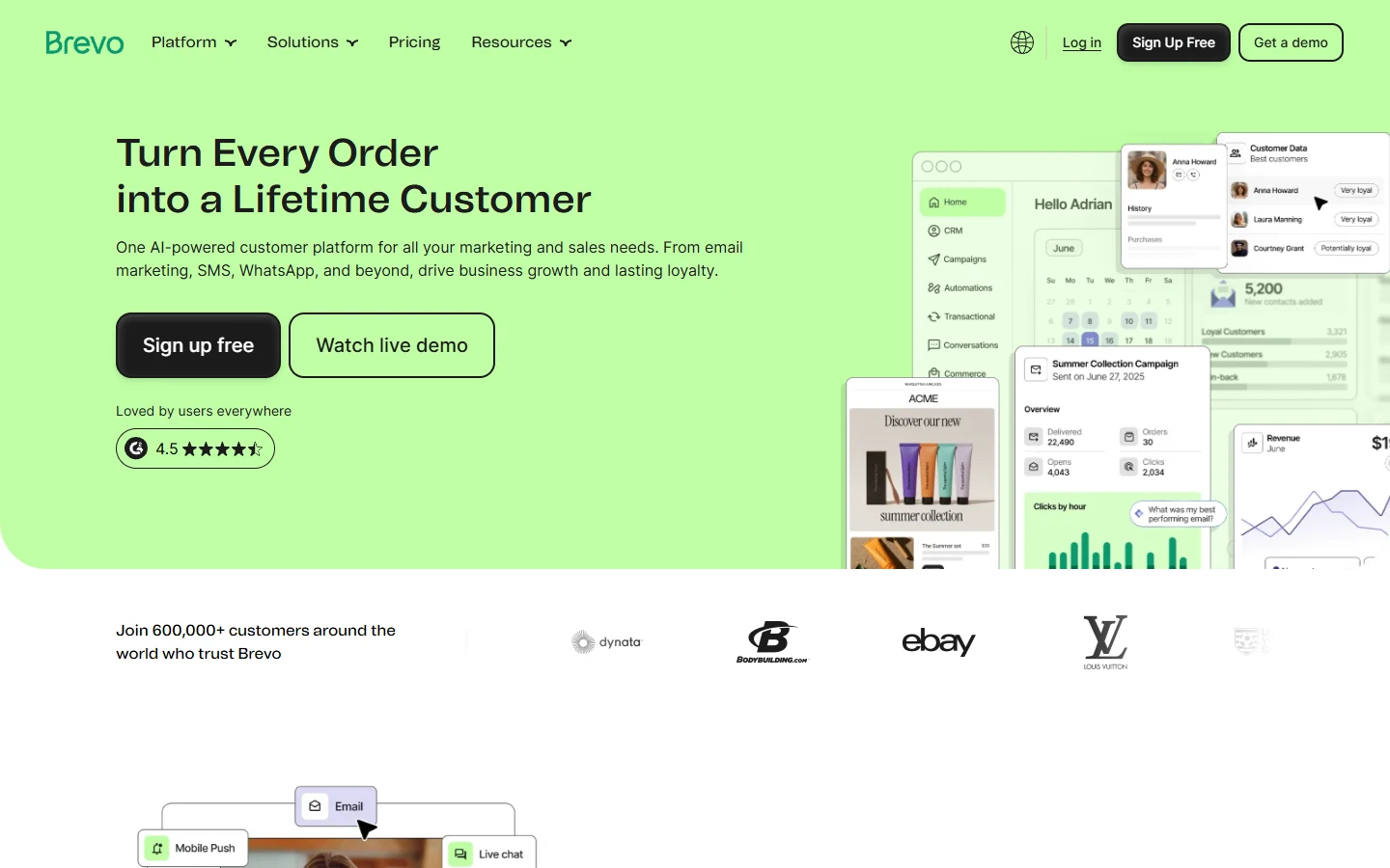Brevo Brevo website showing marketing automation dashboard and campaign interface