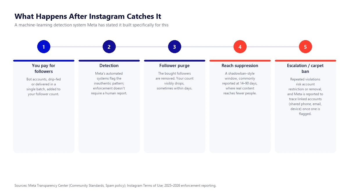 What Happens After Instagram Catches It Timeline diagram showing what happens after Instagram detects bought followers: detection, follower purge, reach suppression shadowban window, and escalation to account restriction or linked-account carpet bans