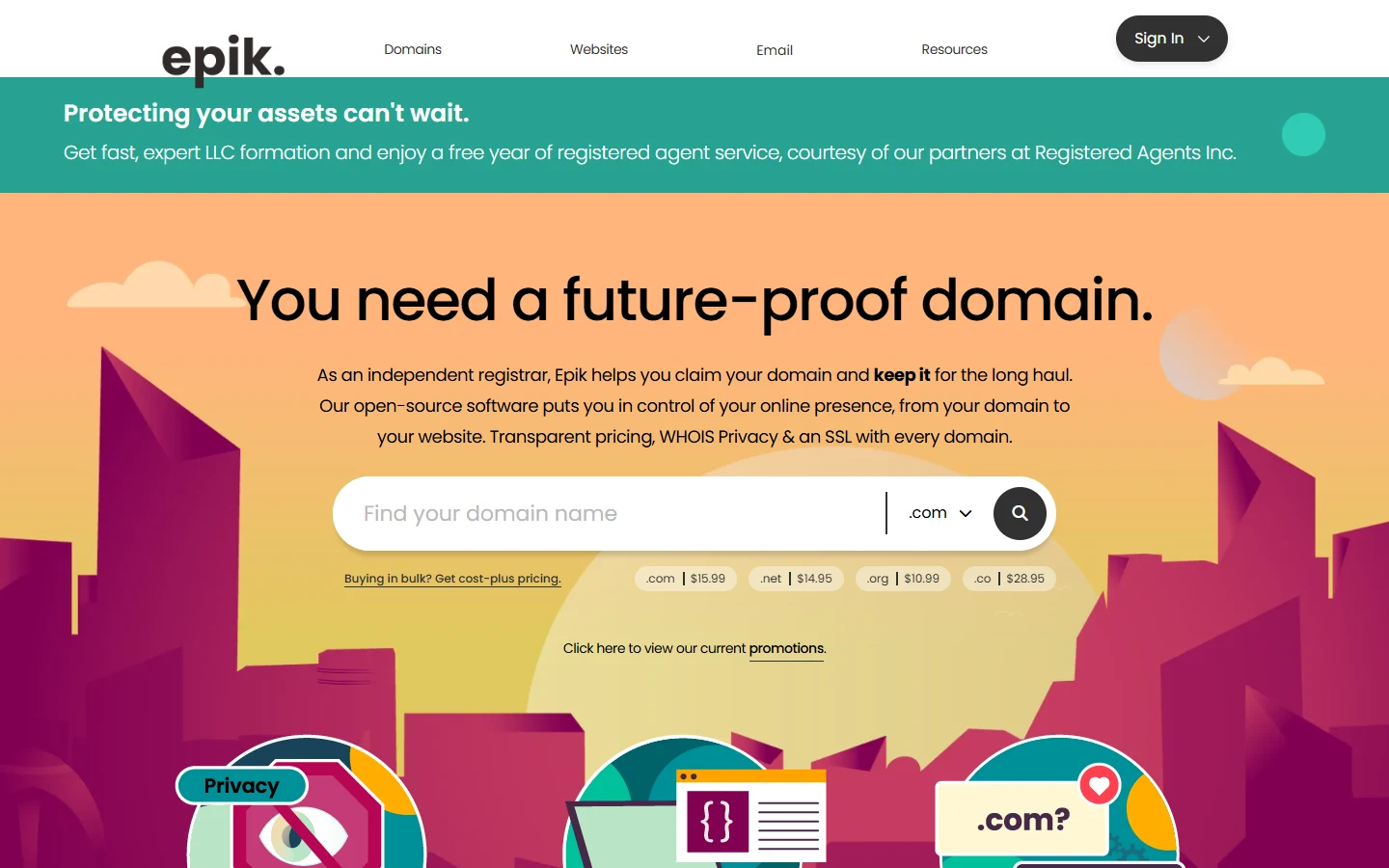 Screenshot of Epik's homepage