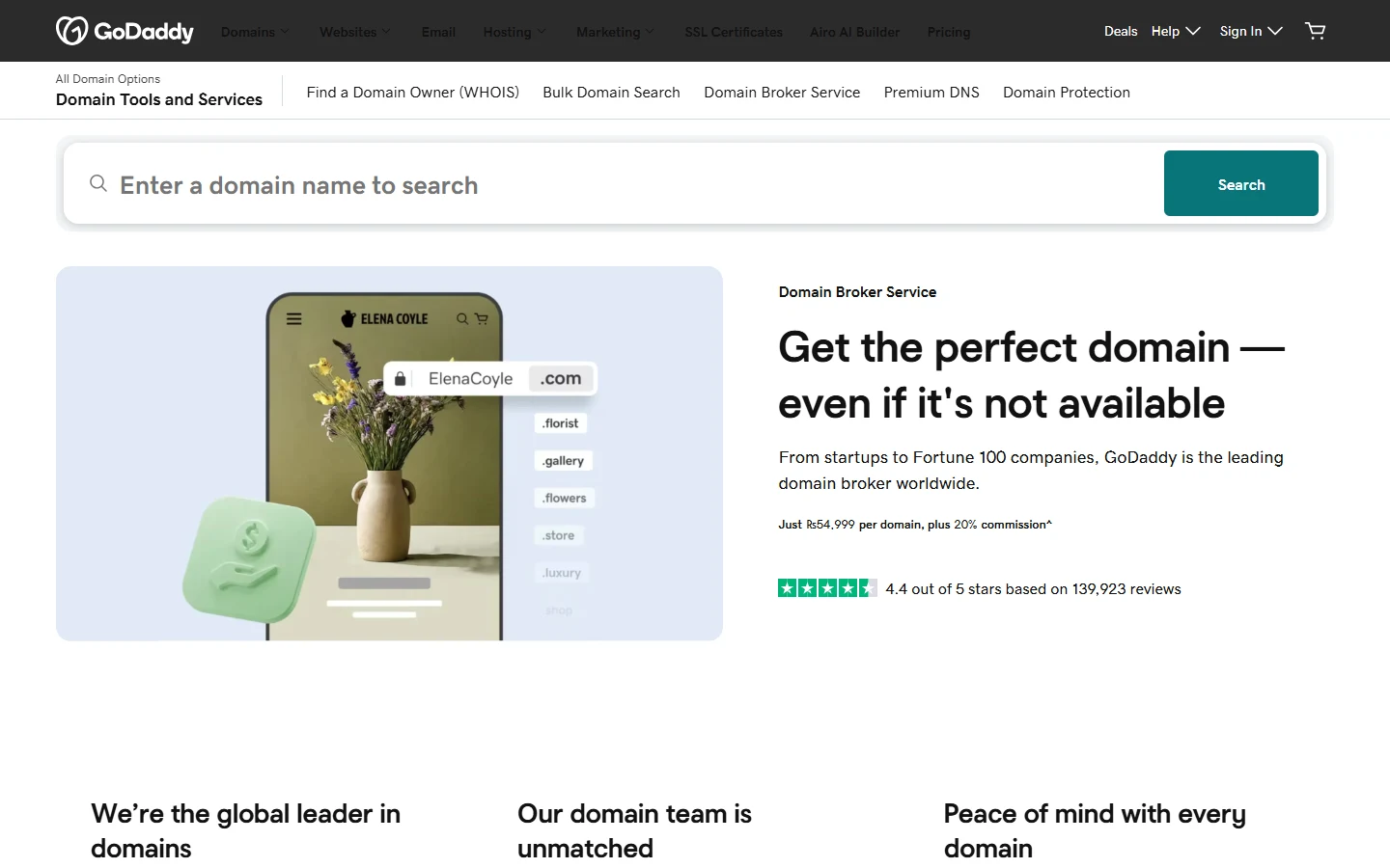 Screenshot of GoDaddy's Domain Broker Service page
