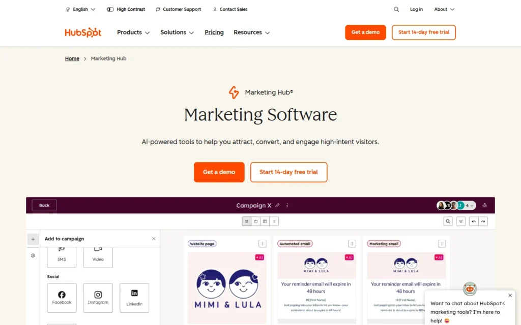HubSpot Marketing Hub website showing the marketing automation product interface