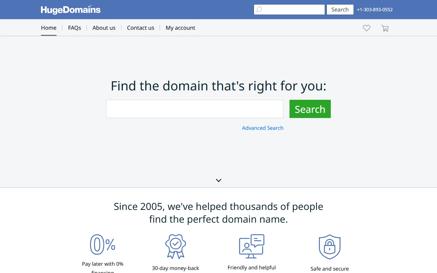 Screenshot of HugeDomains' homepage