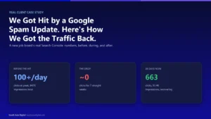 We Got Hit by a Google Spam Update, Here's How We Got the Traffic Back: a real client case study graphic showing 100+ clicks a day before the hit, near-zero clicks for seven straight weeks during the hit, and 663 clicks with 93.4K impressions over the most recent 28 days during recovery