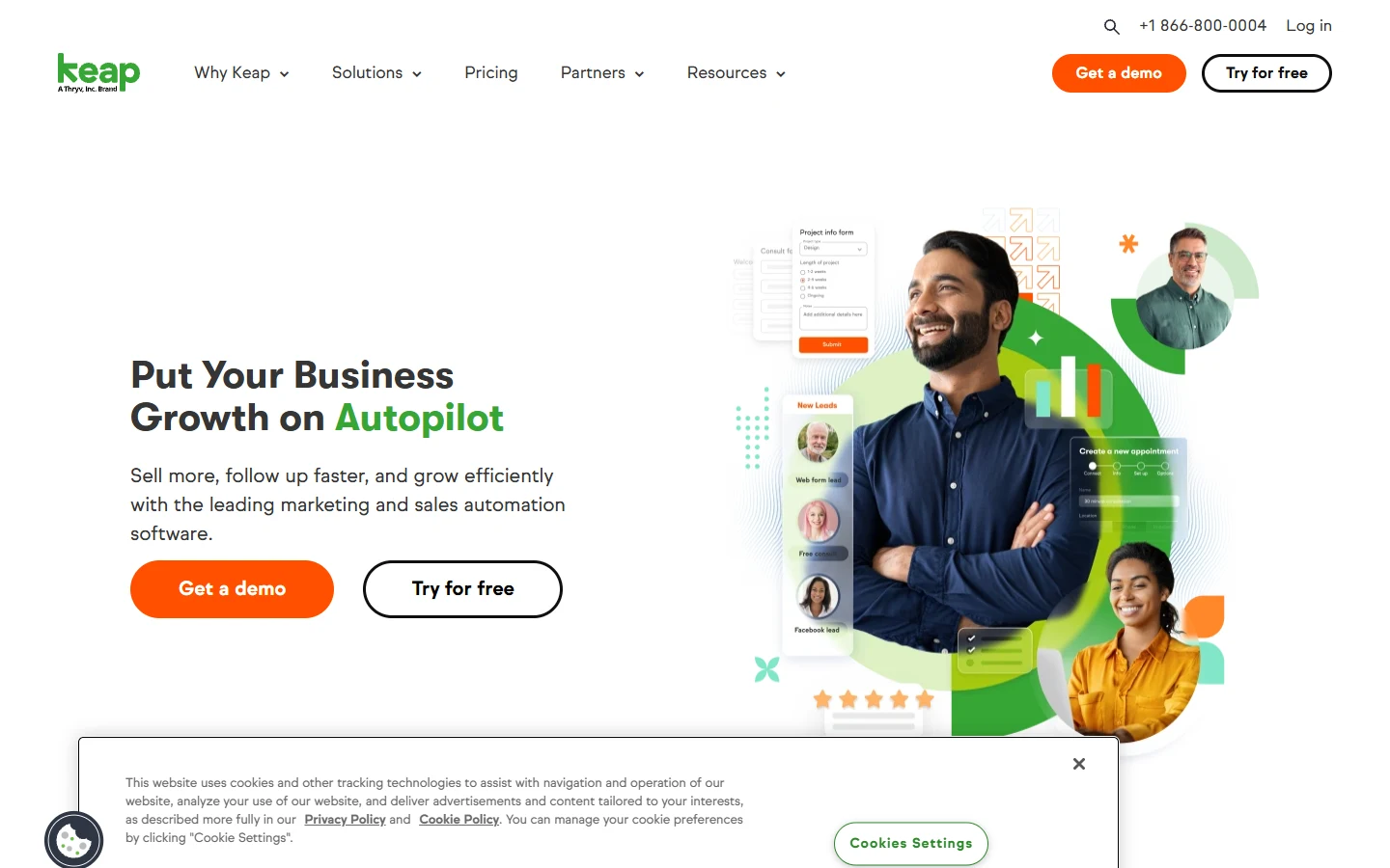 Keap Keap website showing sales and marketing automation platform interface