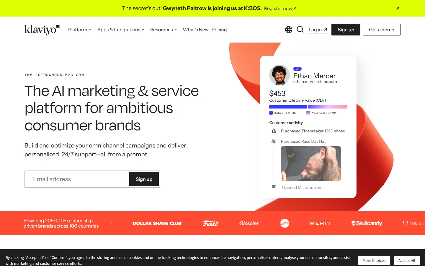 Klaviyo Klaviyo website showing customer profile and marketing platform interface