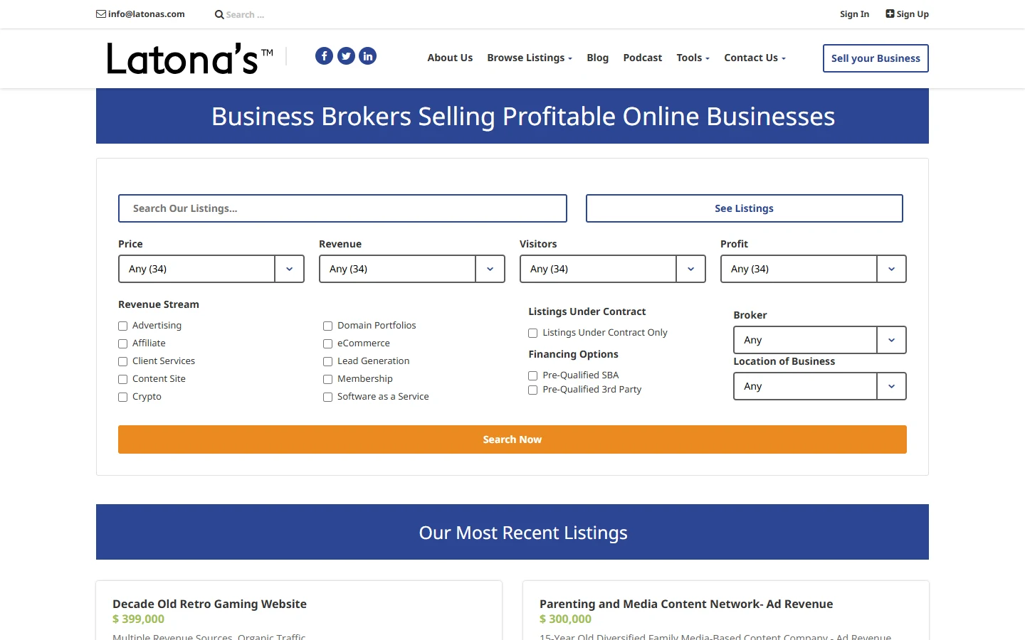 Screenshot of Latona's business brokerage homepage
