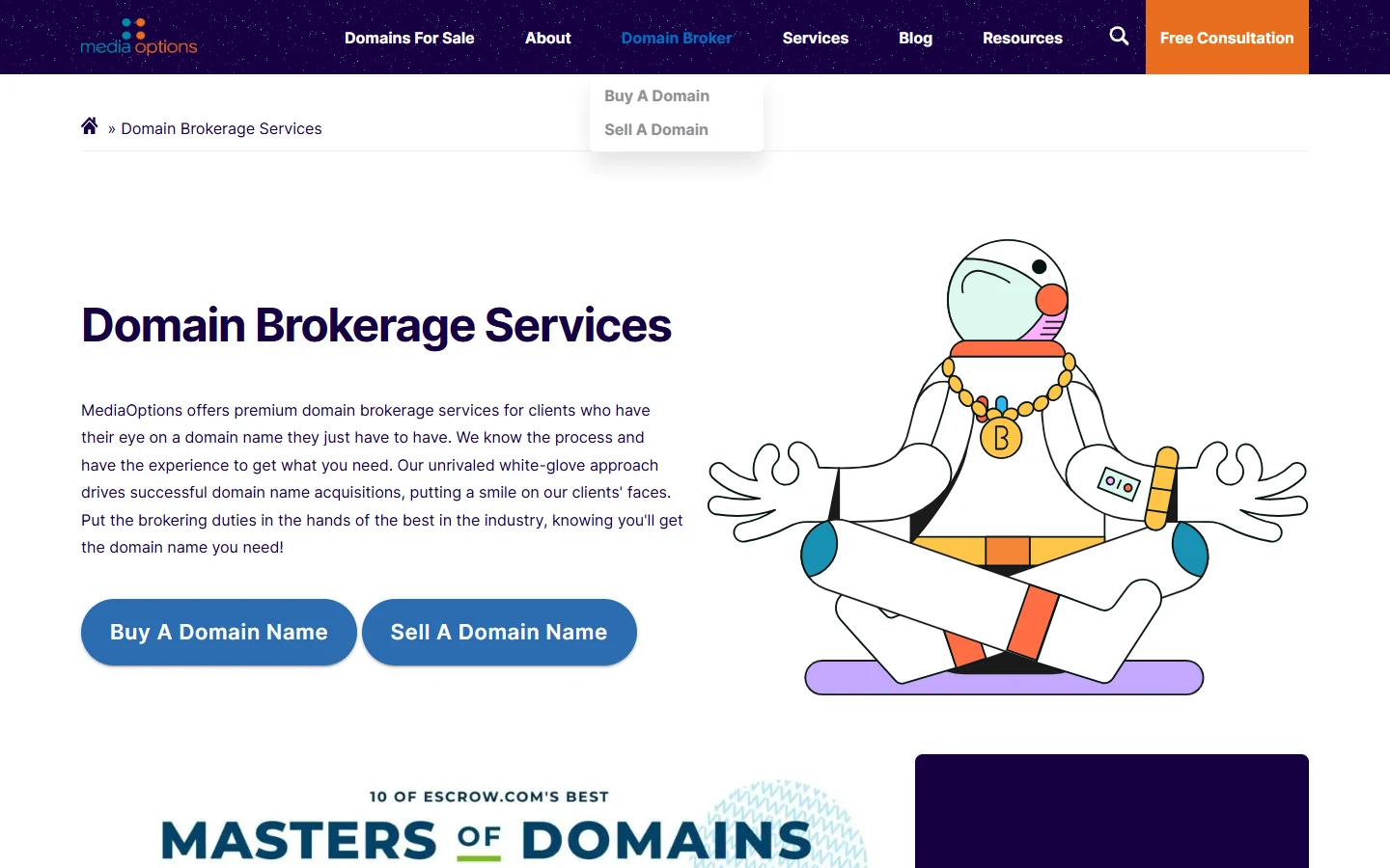 Screenshot of Media Options' Domain Brokerage Services page