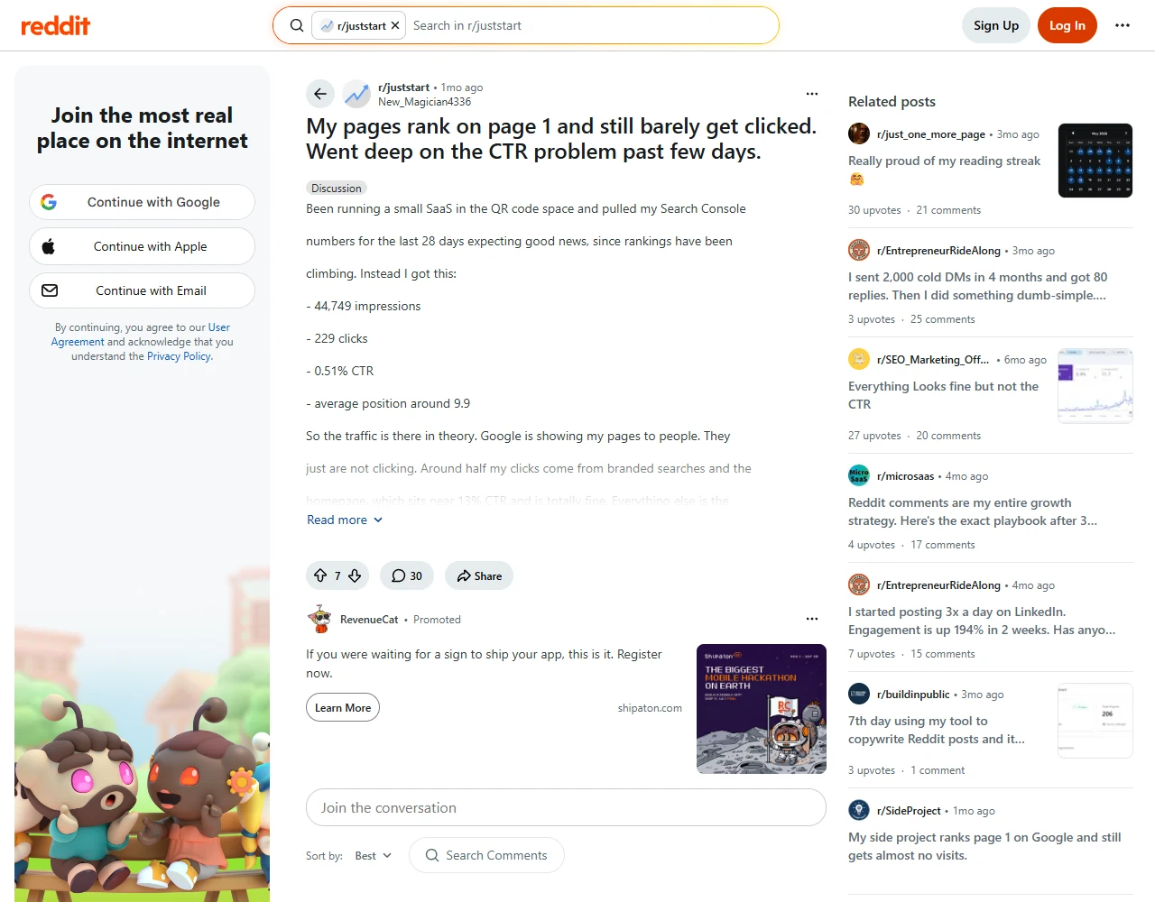 Reddit thread: pages rank page 1, barely get clicked Reddit thread on r/juststart titled 'My pages rank on page 1 and still barely get clicked'