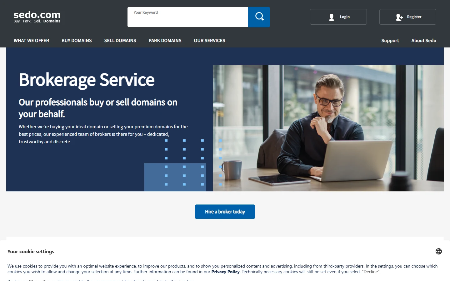 Screenshot of Sedo's Domain Brokerage Service page, showing the Hire a broker today call to action