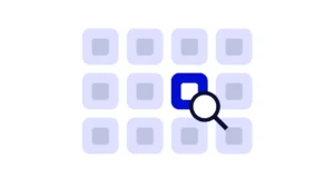 Abstract illustration of a magnifying glass detecting one app among a grid of app icons
