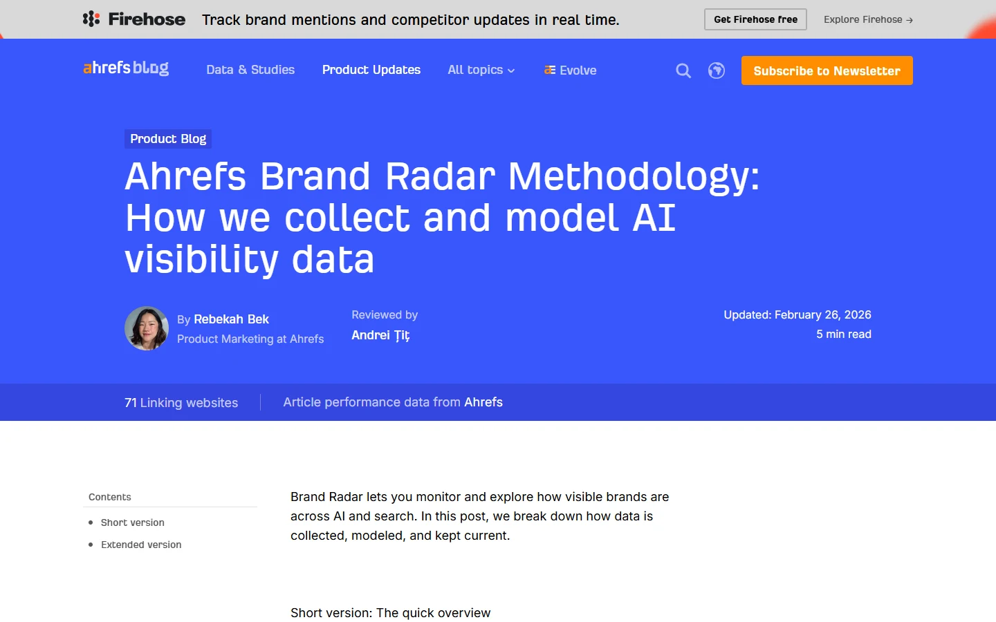 Ahrefs Brand Radar's Published Methodology Page Screenshot of Ahrefs' published Brand Radar Methodology blog post explaining how the company collects and models AI visibility data