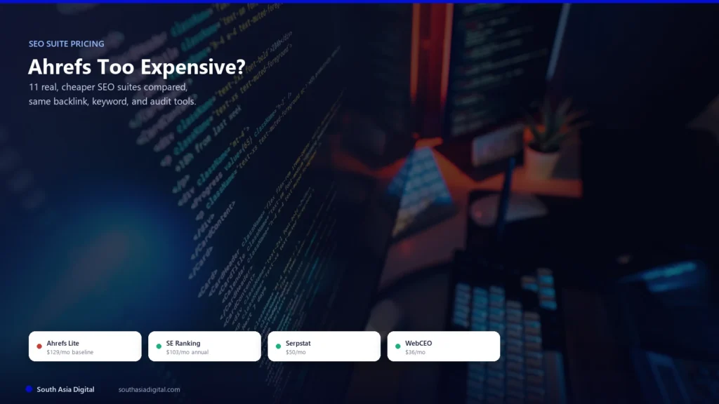 Ahrefs Too Expensive dark hero graphic over a real moody workspace photo, listing SE Ranking, Serpstat, and WebCEO prices next to Ahrefs Lite