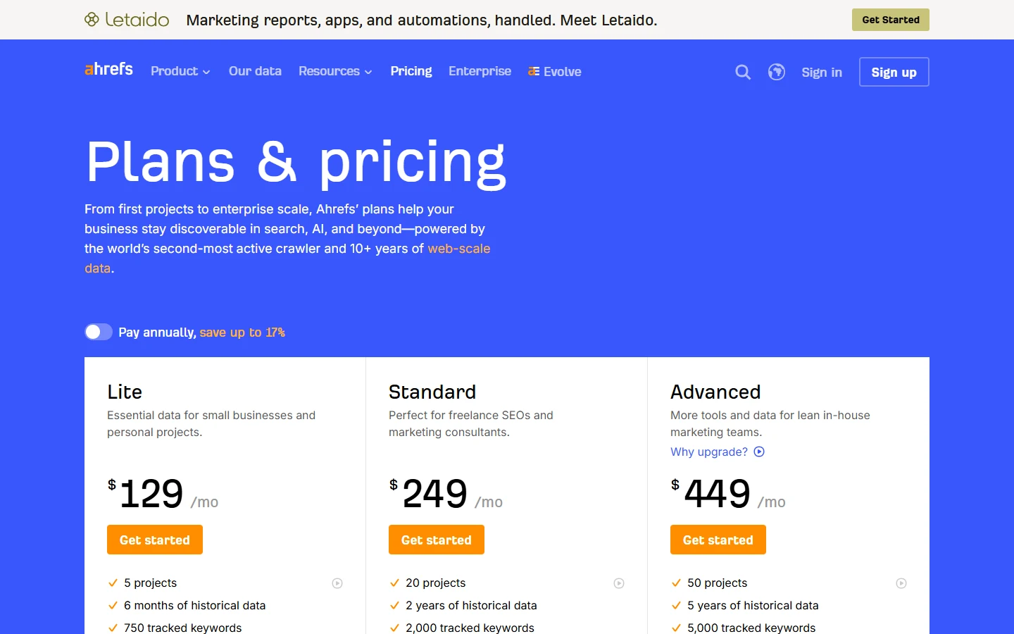 Screenshot of Ahrefs' pricing page showing Lite at $129 per month, Standard at $249 per month, and Advanced at $449 per month