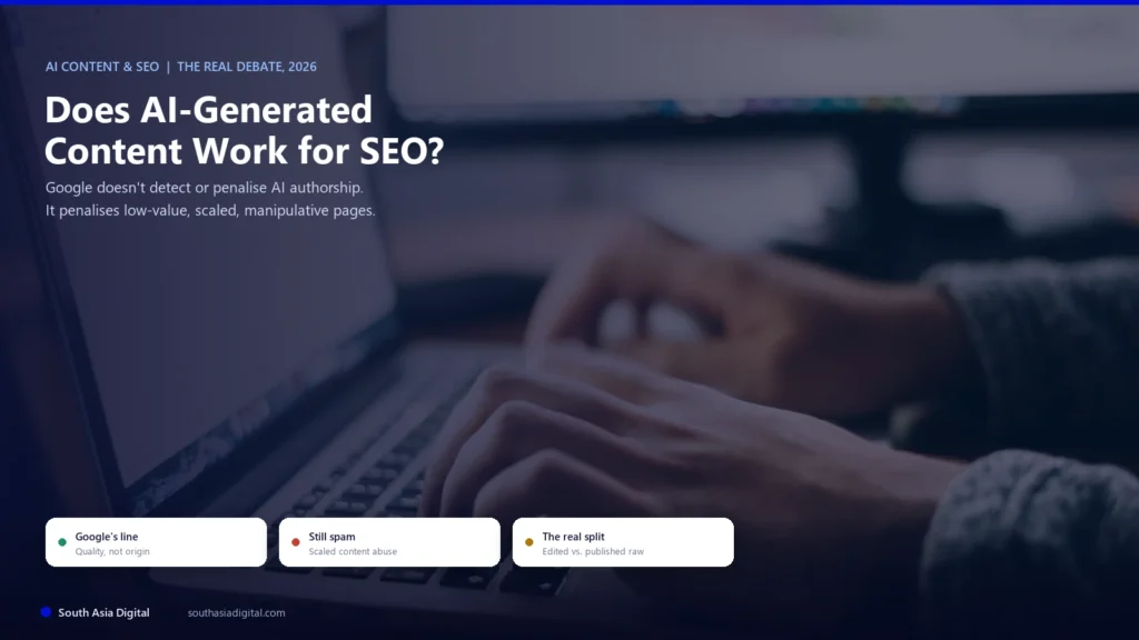 Hybrid hero image over a real photo of hands typing a document on a laptop, headline Does AI-Generated Content Work for SEO, with chips reading quality not origin, scaled content abuse, and edited vs published raw