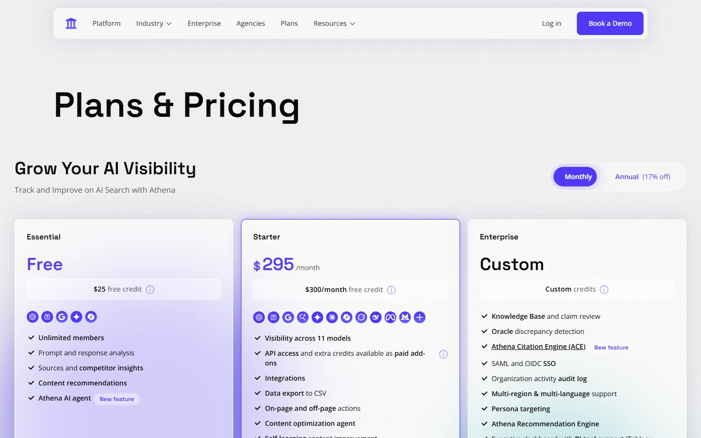 AthenaHQ Pricing, Perplexity Included on Every Tier Screenshot of AthenaHQ's pricing page showing the free Essential plan, the 295 dollar per month Starter plan, and custom Enterprise plan, with engine icons confirming Perplexity is tracked on every tier