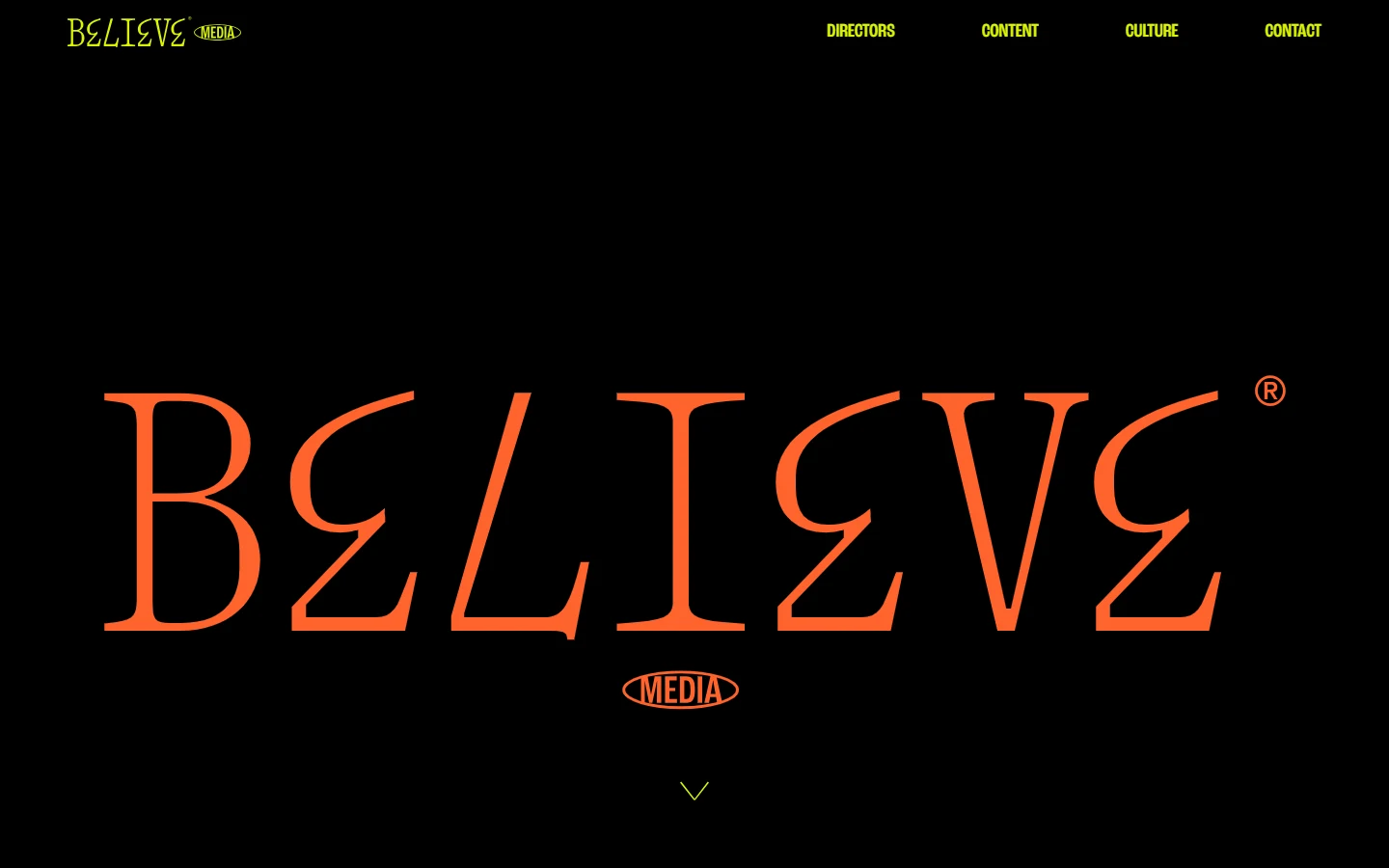 Screenshot of the Believe Media homepage, a premium commercial production company representing a roster of acclaimed directors for brand advertising and music video work