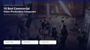 Hybrid hero image over a real photo of a commercial video production crew reviewing a shot on a director's monitor in a studio, headline 10 Best Commercial Video Production Companies, with chips reading boutique to global, real client rosters, and no public pricing