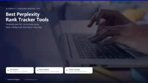 Hybrid hero image over a real photo of hands typing on a laptop keyboard, headline Best Perplexity Rank Tracker Tools, with chips reading live retrieval every single query, dense citations shown by default, and uneven coverage across tools