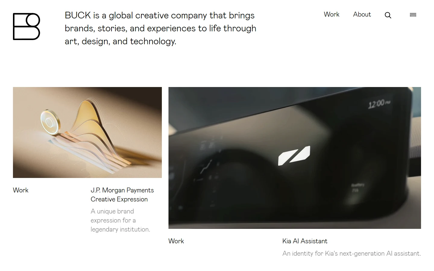 Screenshot of the BUCK homepage, a global creative studio producing brand animation, design and commercial film work for technology and consumer brands