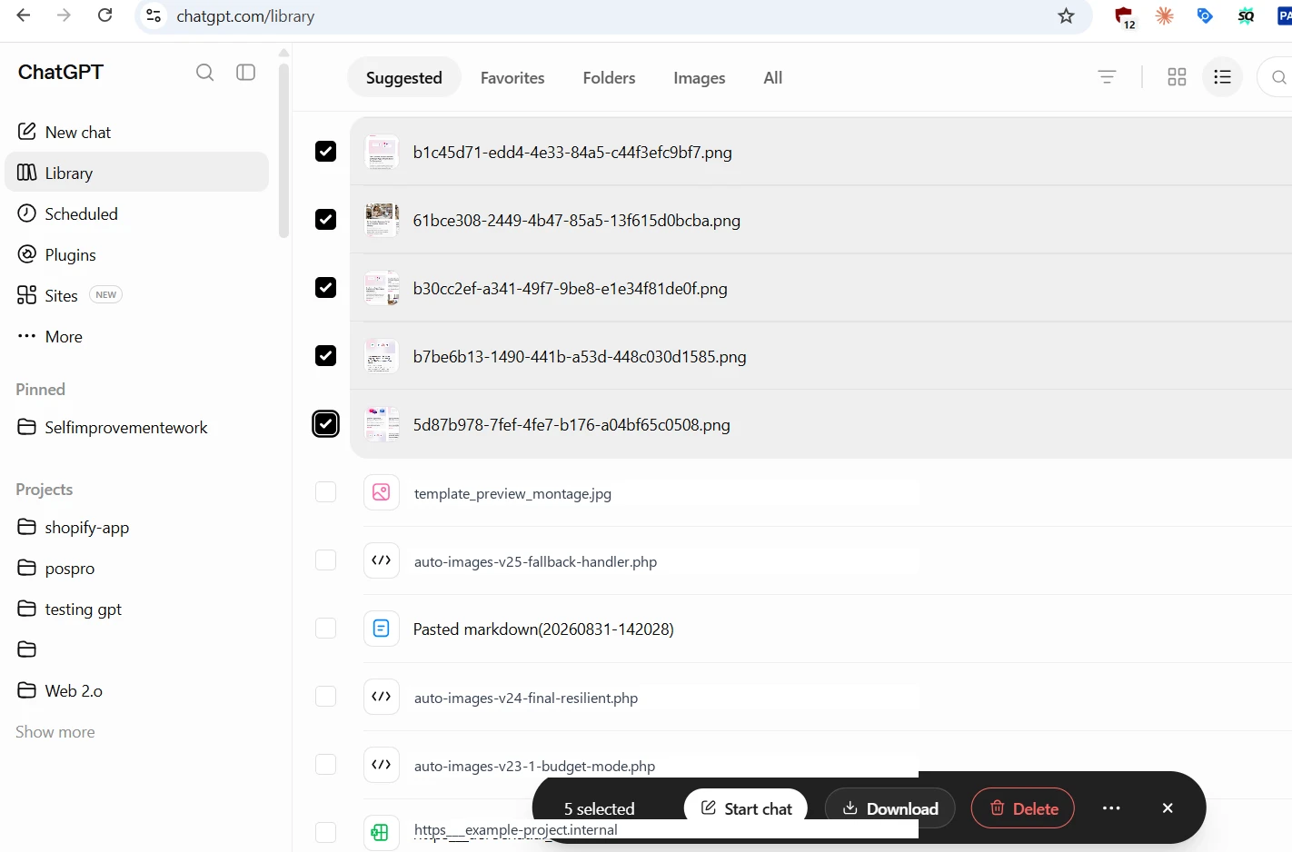 ChatGPT Library grid view with five image checkboxes selected and a bottom action bar showing 5 selected with Start chat, Download, and Delete buttons