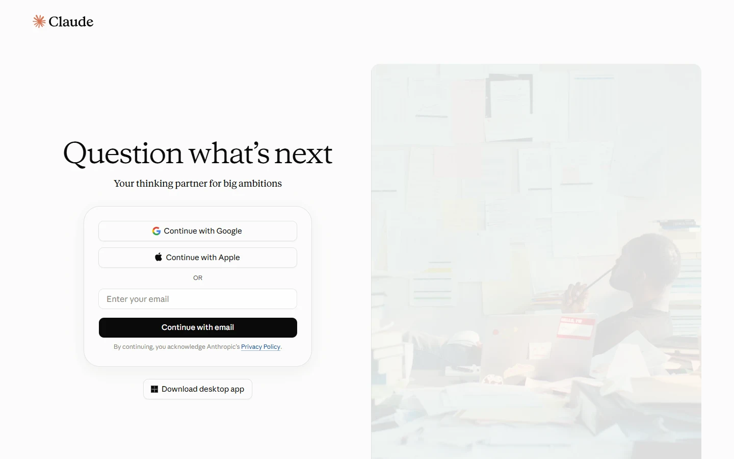 Screenshot of the real Claude.ai sign-in page for Anthropic's Claude, the AI assistant used here for large-context keyword clustering and full competitor page analysis