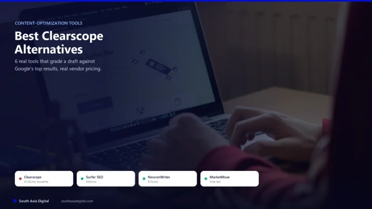 Hands typing on a laptop at a warm wooden desk, the screen showing a content-plugin marketing site, under a dark navy overlay with the headline Best Clearscope Alternatives and small price chips for Clearscope, Surfer SEO, NeuronWriter, and MarketMuse