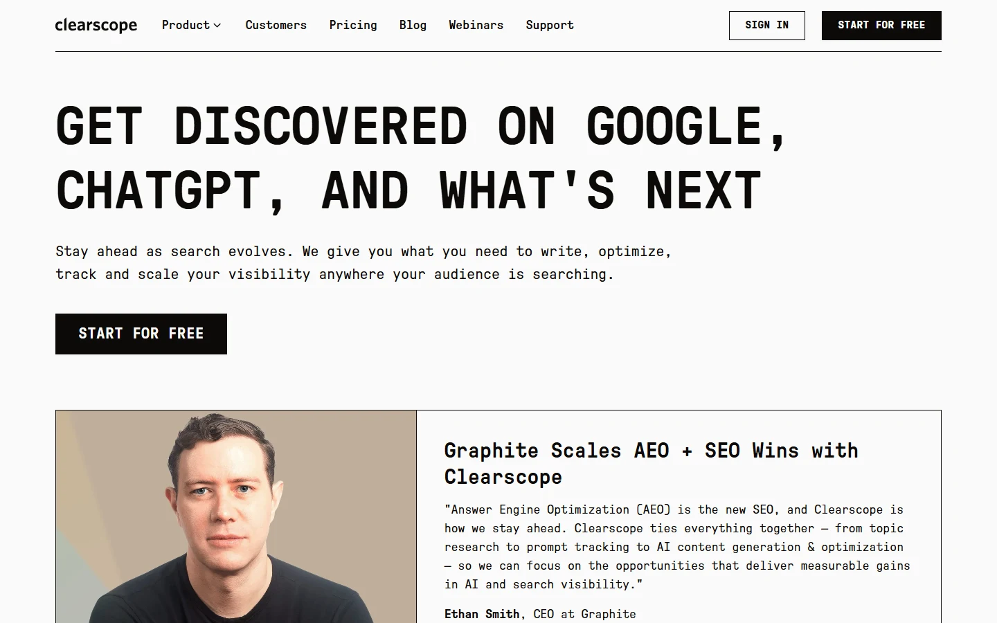 Screenshot of Clearscope's homepage showing its Get Discovered on Google, ChatGPT, and What's Next headline and Start for Free call to action