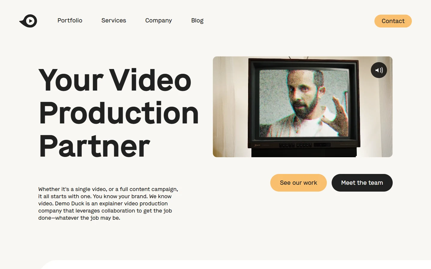 Screenshot of the Demo Duck homepage, a boutique studio producing animated explainer videos and live action for technology, healthcare and nonprofit clients