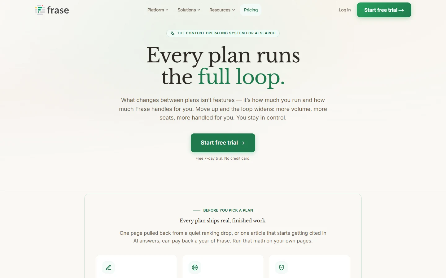 Screenshot of Frase's pricing page showing its Every plan runs the full loop headline and plan tiers