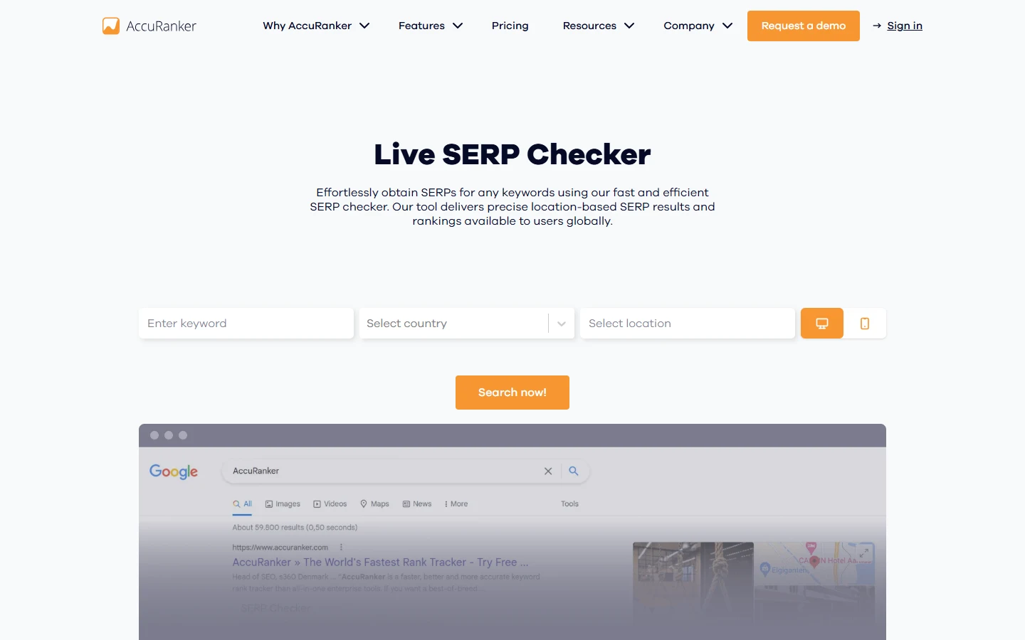 AccuRanker Free Live SERP Checker AccuRanker Live SERP Checker page showing its keyword and location input fields and a sample Google search result preview