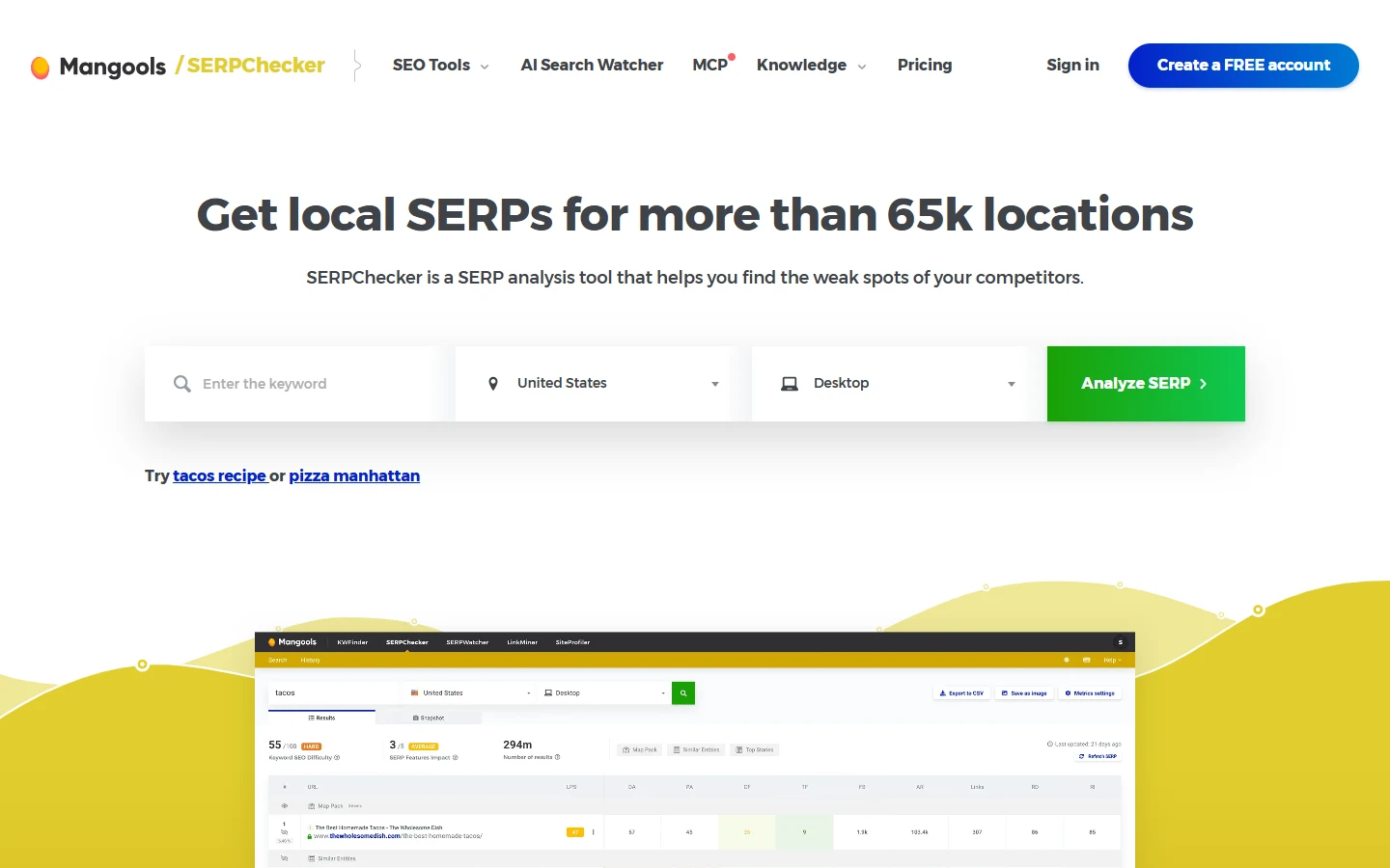 Mangools SERPChecker Mangools SERPChecker page showing its Get local SERPs for more than 65k locations headline and a sample SERP analysis result
