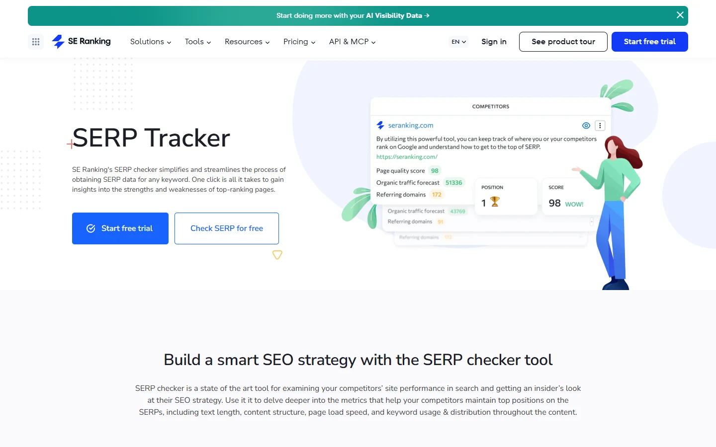 SE Ranking Free SERP Checker SE Ranking SERP Tracker page showing its Check SERP for free button and a results panel with position and score data