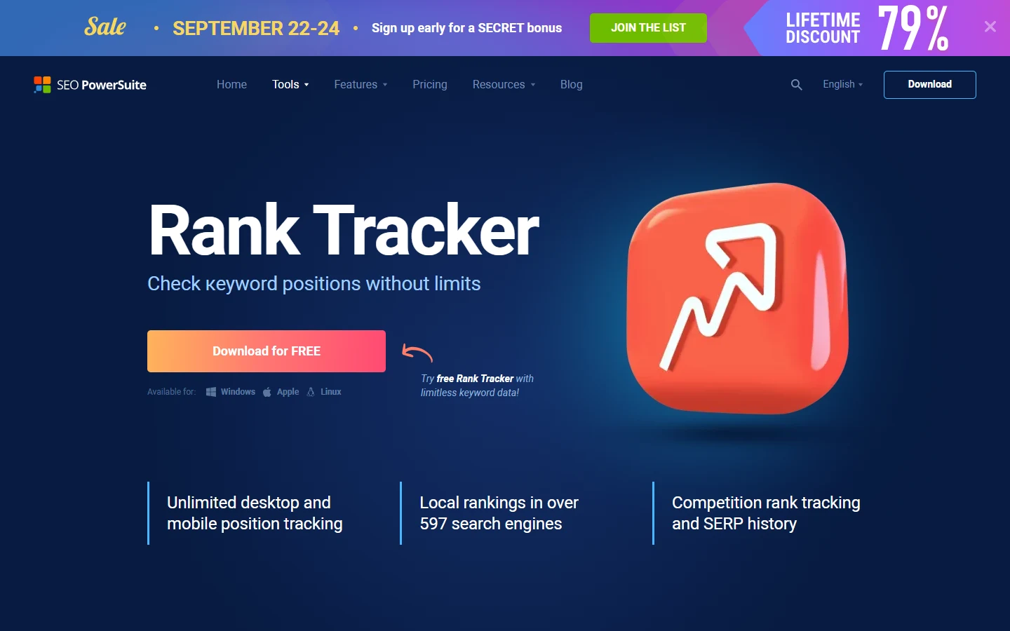 SEO PowerSuite Rank Tracker page showing its Check keyword positions without limits headline and Download for FREE button