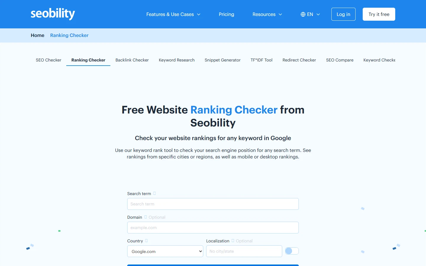 Seobility Ranking Checker Seobility Free Website Ranking Checker page showing search term, domain, country, and localization input fields