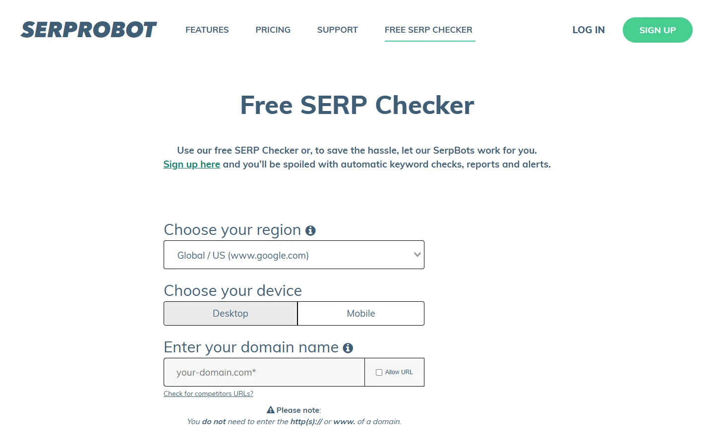 Serprobot Free SERP Checker Serprobot Free SERP Checker page showing region, device, and domain input fields for checking Google rankings