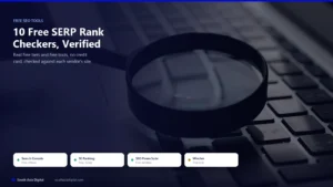 Dark hero graphic with a magnifying glass over a laptop keyboard, listing Search Console, SE Ranking, SEO PowerSuite, and Wincher as free or trial-only