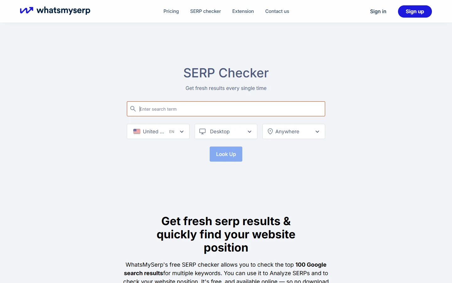 Whatsmyserp SERP Checker Whatsmyserp SERP Checker page showing its search term input box, country, device, and location filters and a Look Up button