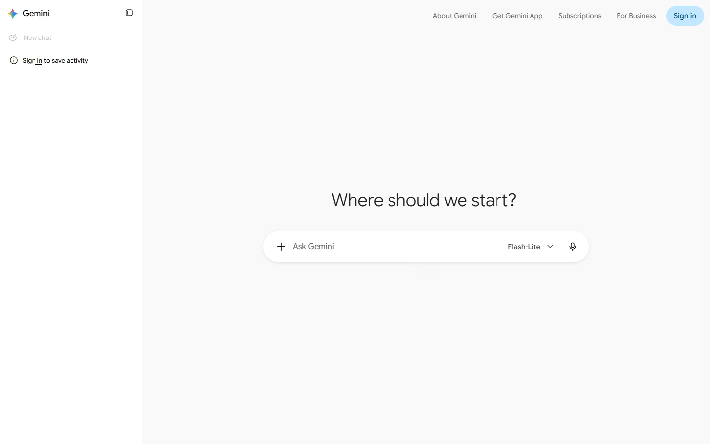 Screenshot of the real Google Gemini gemini.google.com homepage showing the Ask Gemini prompt box used for AI Overview-focused keyword prompts