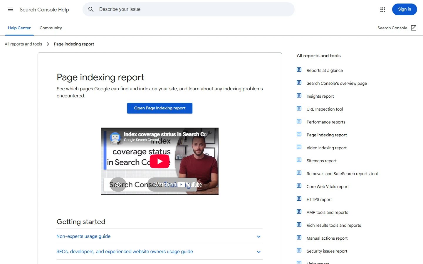 Google Search Console Page Indexing Report Documentation Google Search Console's public Page Indexing report documentation page from Google's own Help Center, showing the report's purpose and interface; this is Google's public-facing representation of the report, not a private account's live indexing data