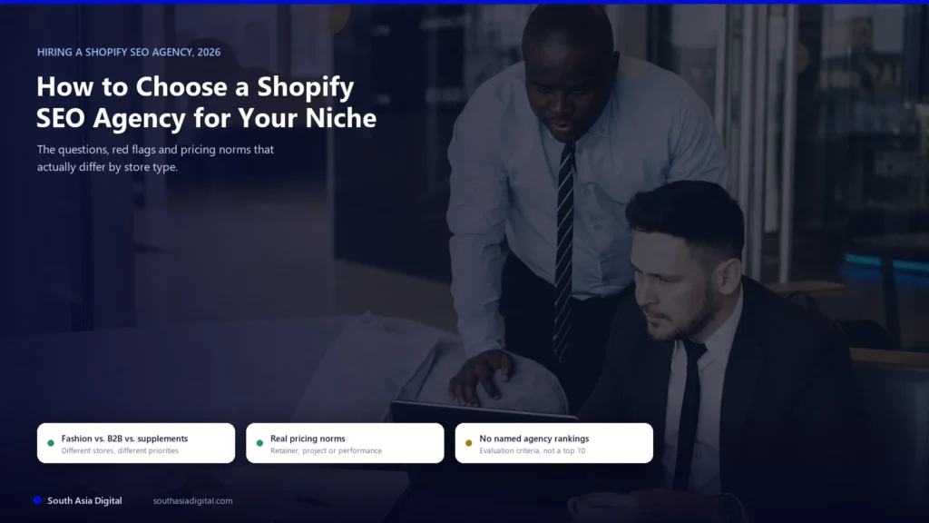 Hybrid hero image over a real photo of two businessmen reviewing something together on a laptop, headline How to Choose a Shopify SEO Agency for Your Niche, with chips reading fashion vs B2B vs supplements, real pricing norms, and no named agency rankings