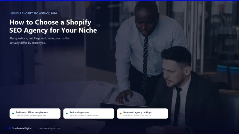 Hybrid hero image over a real photo of two businessmen reviewing something together on a laptop, headline How to Choose a Shopify SEO Agency for Your Niche, with chips reading fashion vs B2B vs supplements, real pricing norms, and no named agency rankings
