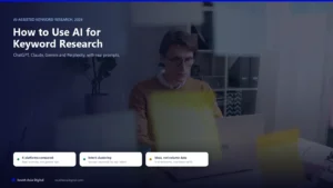 Hybrid hero image over a real photo of a person working at a laptop behind a glass wall covered in colorful sticky notes, headline How to Use AI for Keyword Research, with chips reading 4 platforms compared, intent clustering, and ideas not volume data