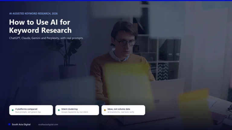 Hybrid hero image over a real photo of a person working at a laptop behind a glass wall covered in colorful sticky notes, headline How to Use AI for Keyword Research, with chips reading 4 platforms compared, intent clustering, and ideas not volume data