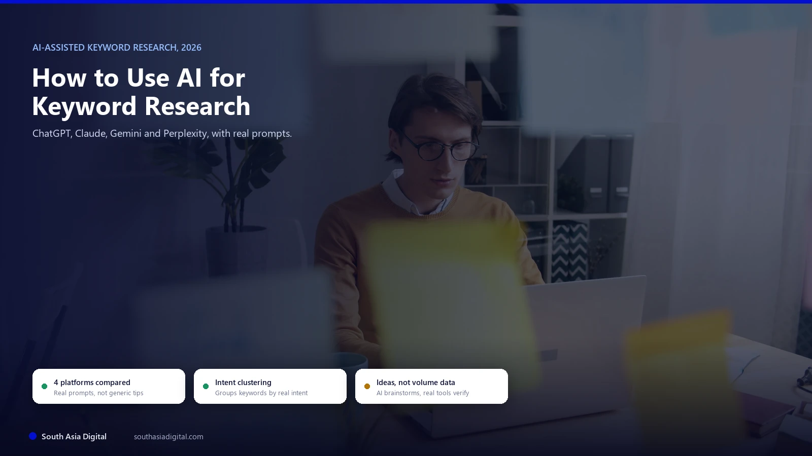 Hybrid hero image over a real photo of a person working at a laptop behind a glass wall covered in colorful sticky notes, headline How to Use AI for Keyword Research, with chips reading 4 platforms compared, intent clustering, and ideas not volume data